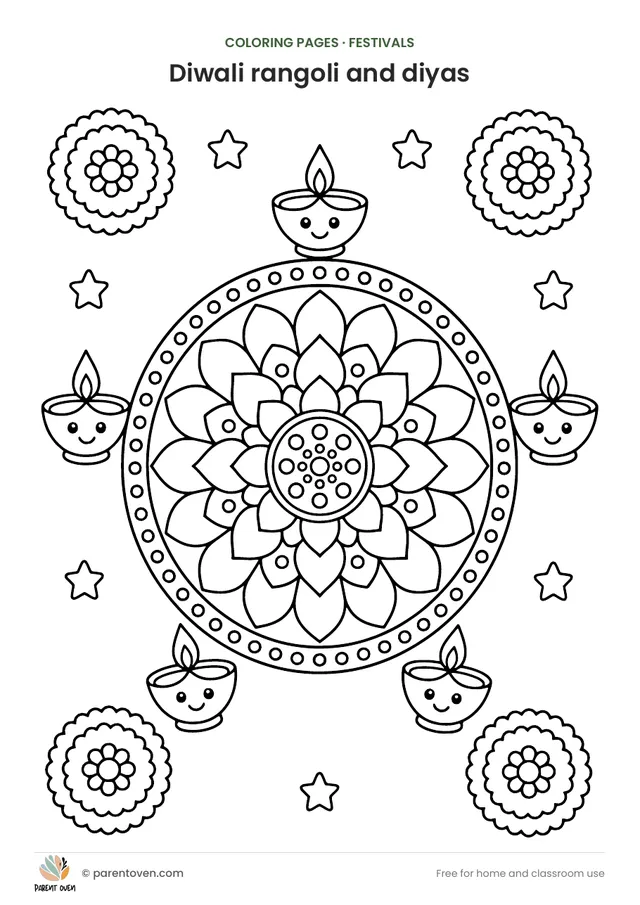 Diwali rangoli and diyas coloring page