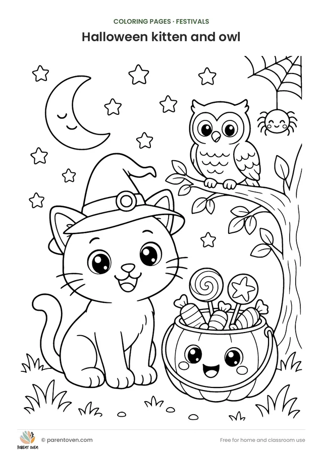 Halloween kitten and owl coloring page