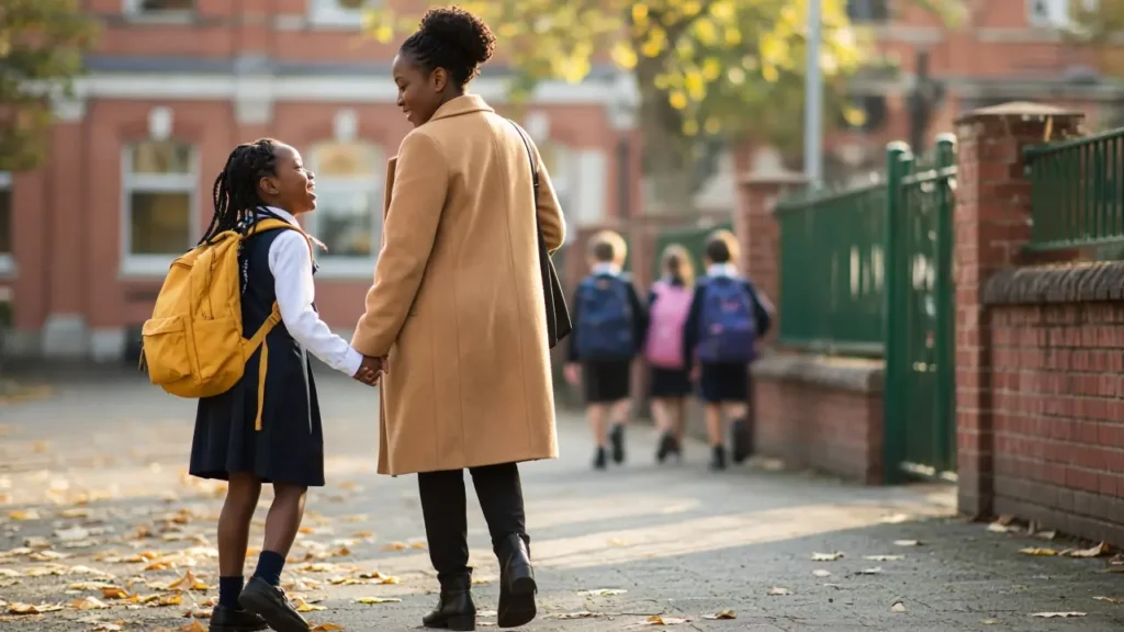 Young girl with a yellow backpack holding her mother's hand outside her school on the first day of school