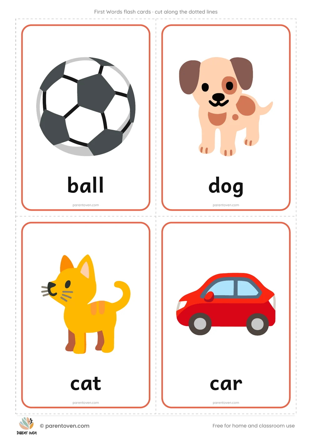 First Words flash cards: 4 cut-out cards per page