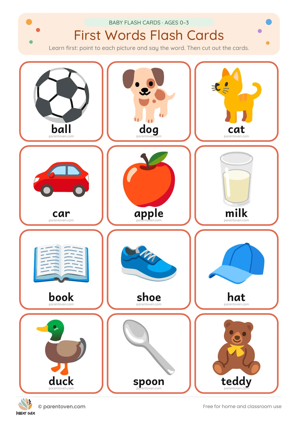 First Words flash cards: learn-first chart of all 12 cards