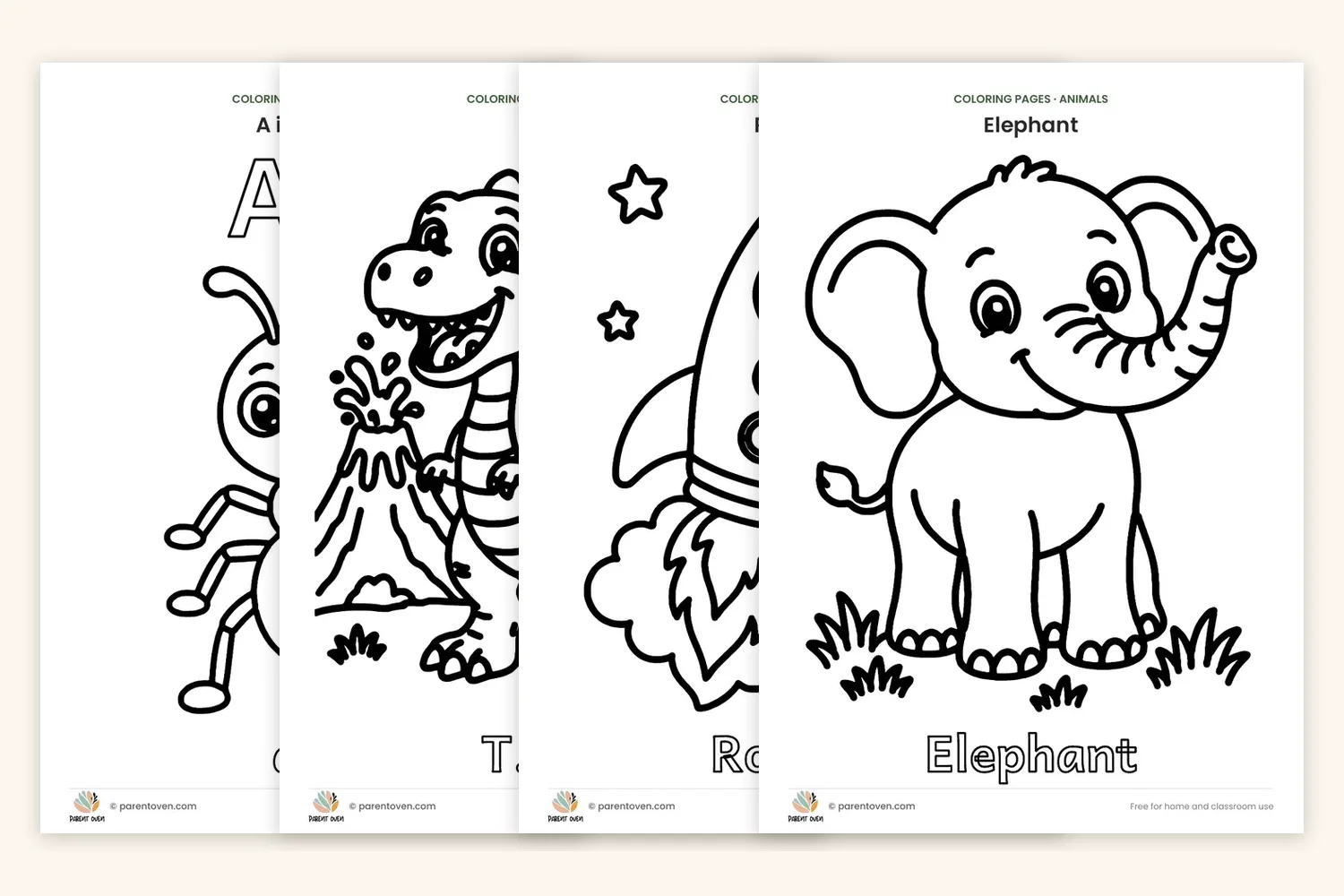 Free printable coloring pages for kids: alphabet ant, T. rex, rocket and elephant