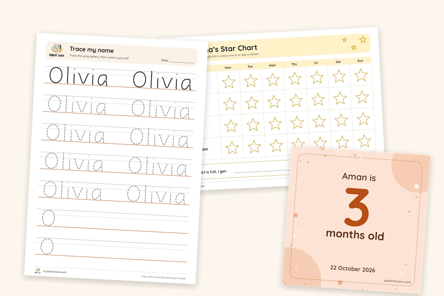 Name tracing worksheet, reward chart and baby milestone card made with Parent Oven’s free makers
