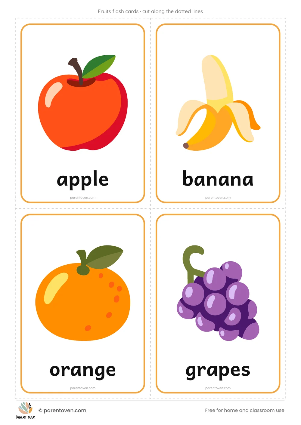 Fruits flash cards: 4 cut-out cards per page