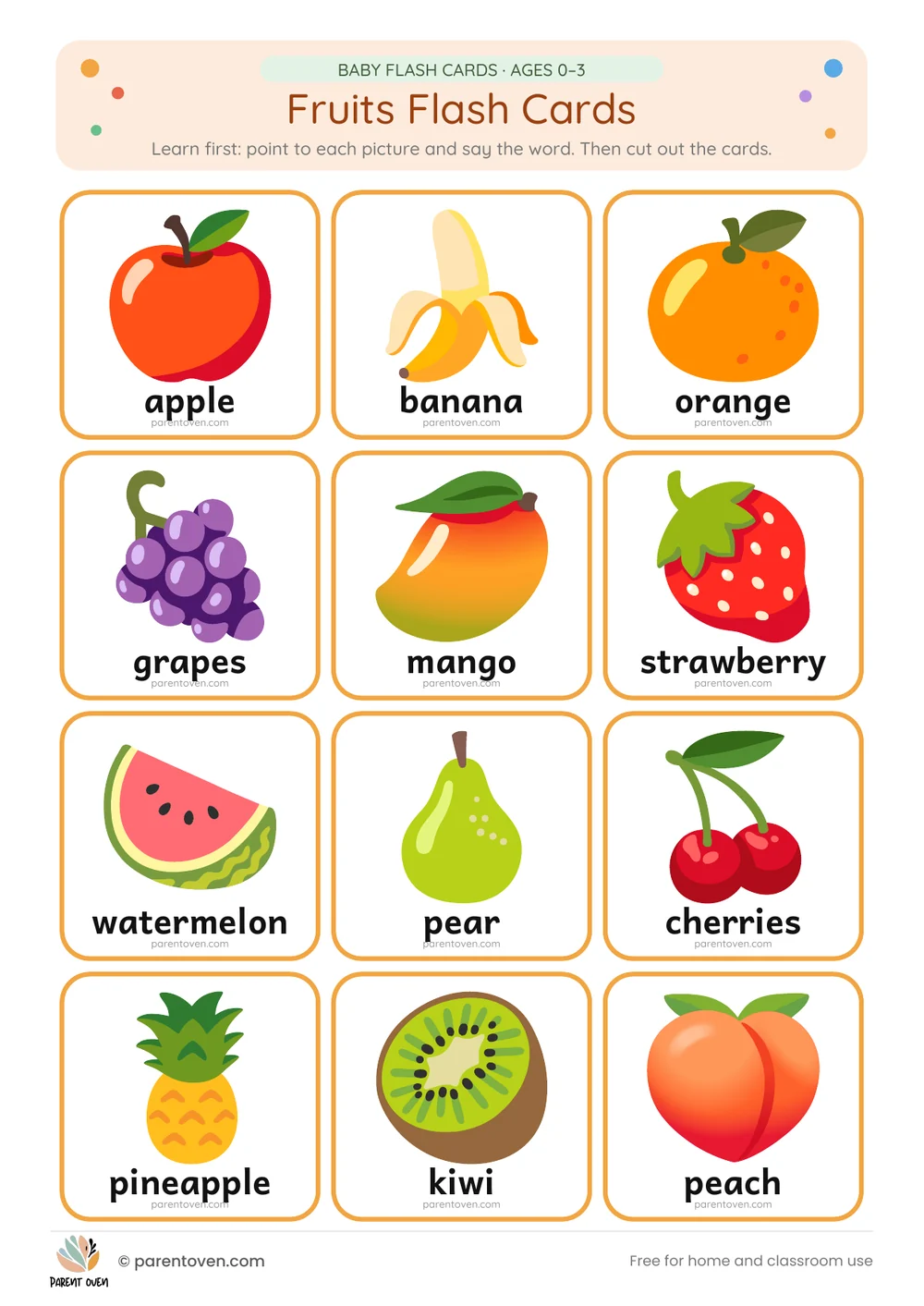 Fruits flash cards: learn-first chart of all 12 cards
