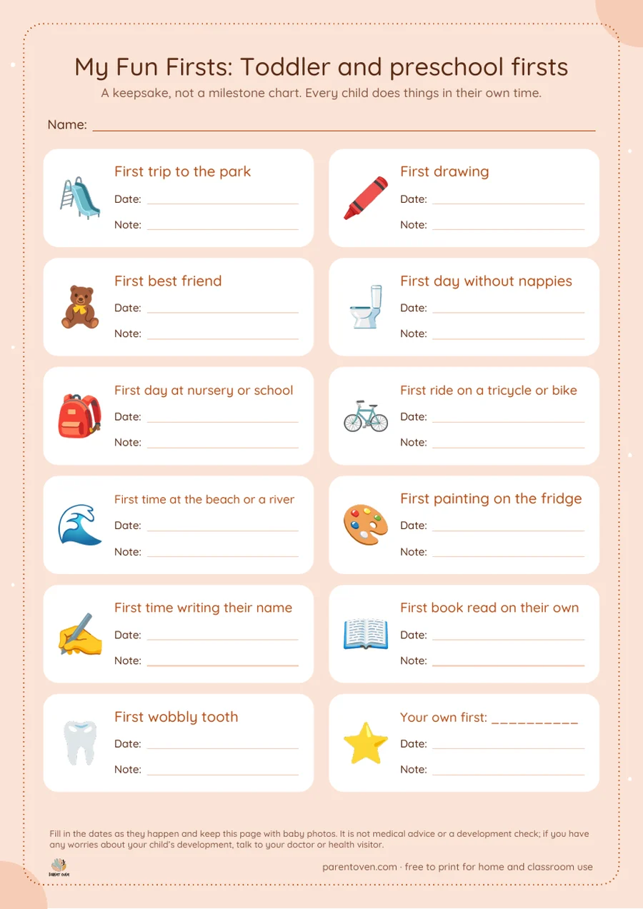 Toddler and preschool firsts keepsake page