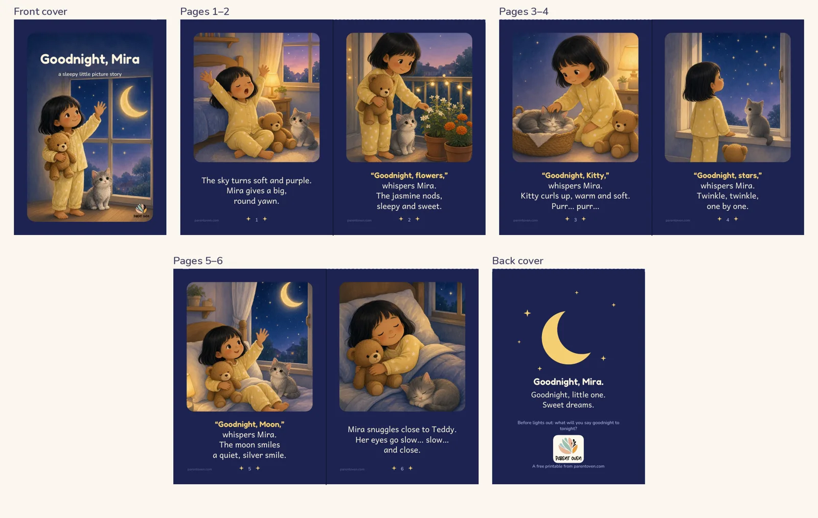 All pages of the Goodnight, Mira mini-book in reading order: front cover, three spreads and the back cover