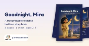 Cover of the Goodnight, Mira printable bedtime mini-book: a little girl in yellow pyjamas waves at the moon