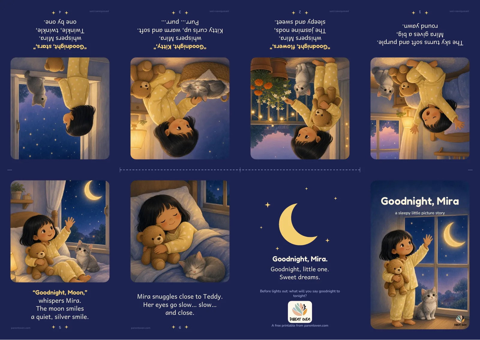 The full-colour Goodnight, Mira sheet as it prints, with eight panels and a dashed cut line