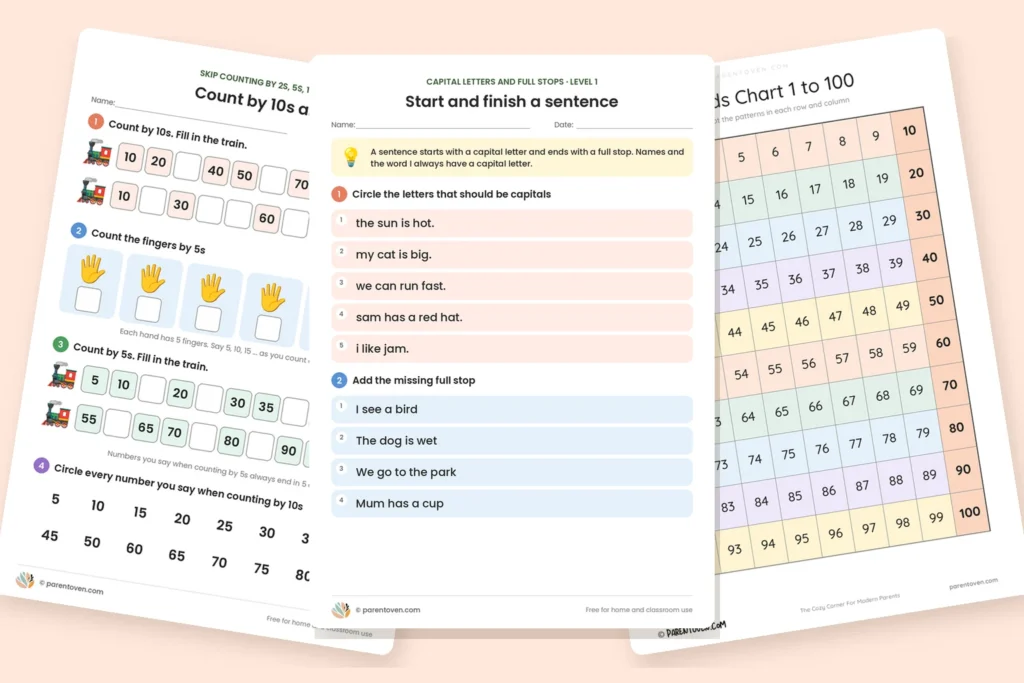 Free grade 1 worksheets: skip counting, capital letters and full stops, and a hundreds chart