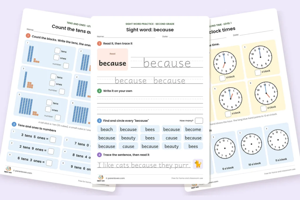 Free grade 2 worksheets: place value with tens and ones, the sight word because, and telling time to the hour