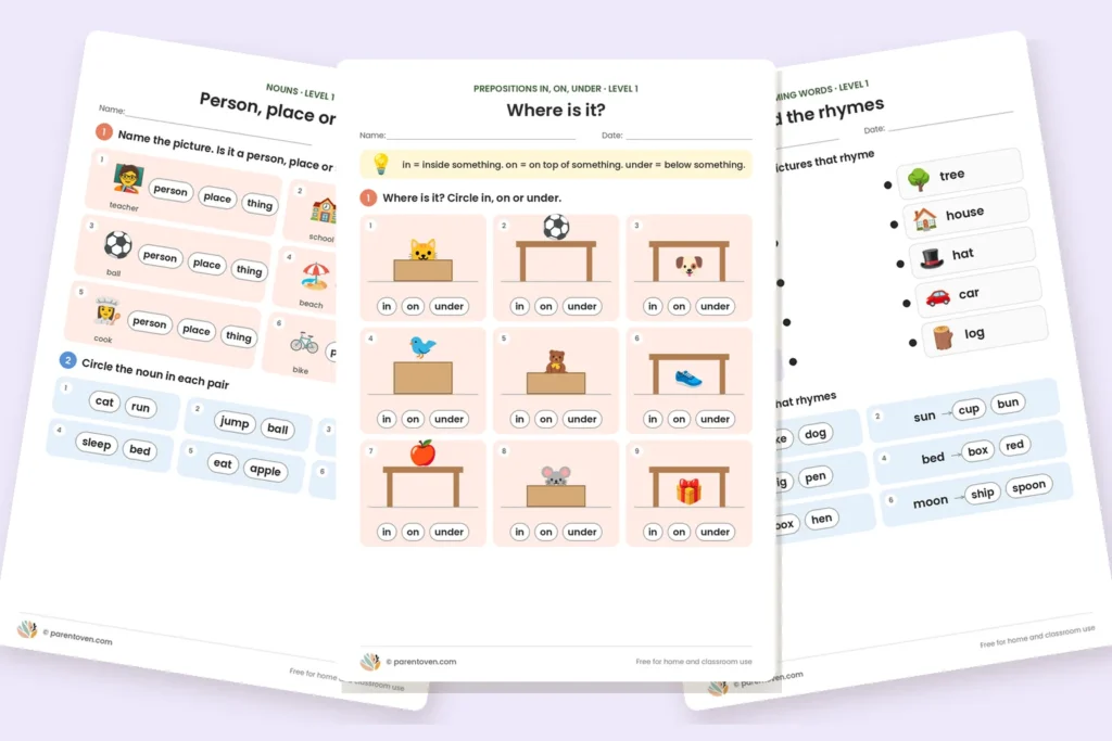 Free grammar worksheets for kids: nouns, in on under prepositions and rhyming words