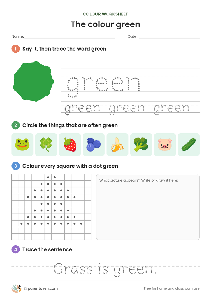Colour green worksheet: trace the word green, circle the green things, colour the dotted squares to find a hidden tree and trace “Grass is green.”