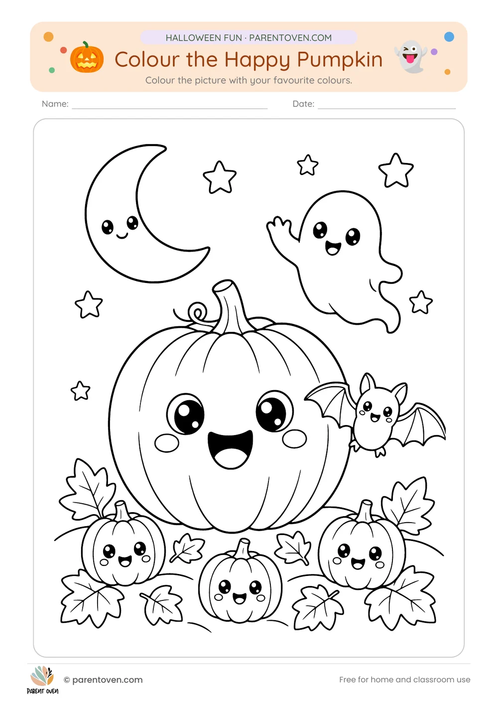 Halloween coloring pages: Two cute coloring pages: a happy pumpkin with a ghost and bat, and a kitten in a witch hat with an owl