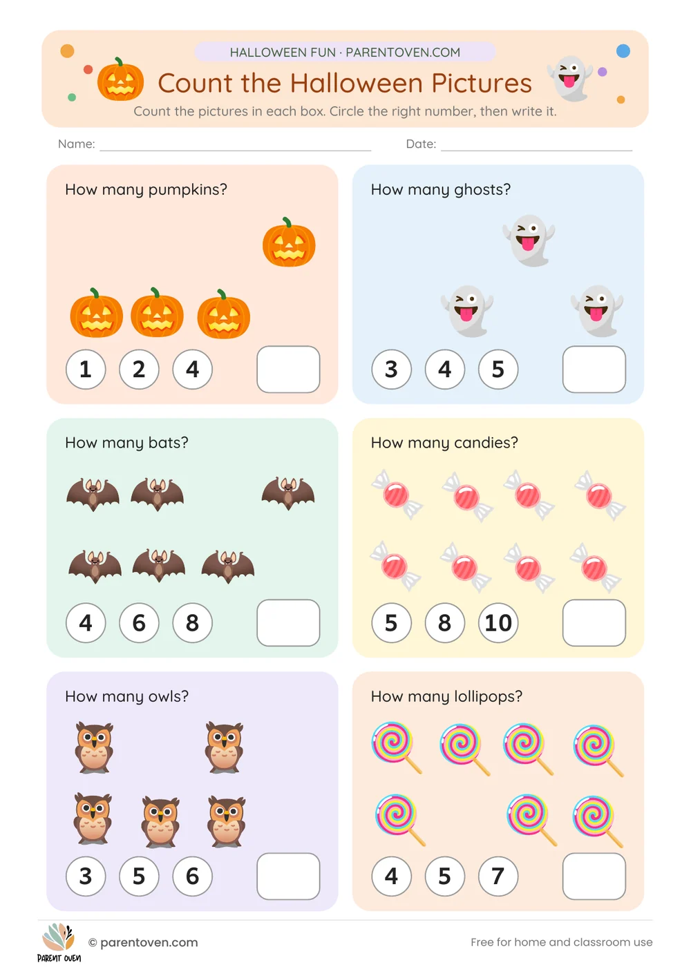 Count the Halloween pictures: Count pumpkins, ghosts, bats, candies, owls and lollipops