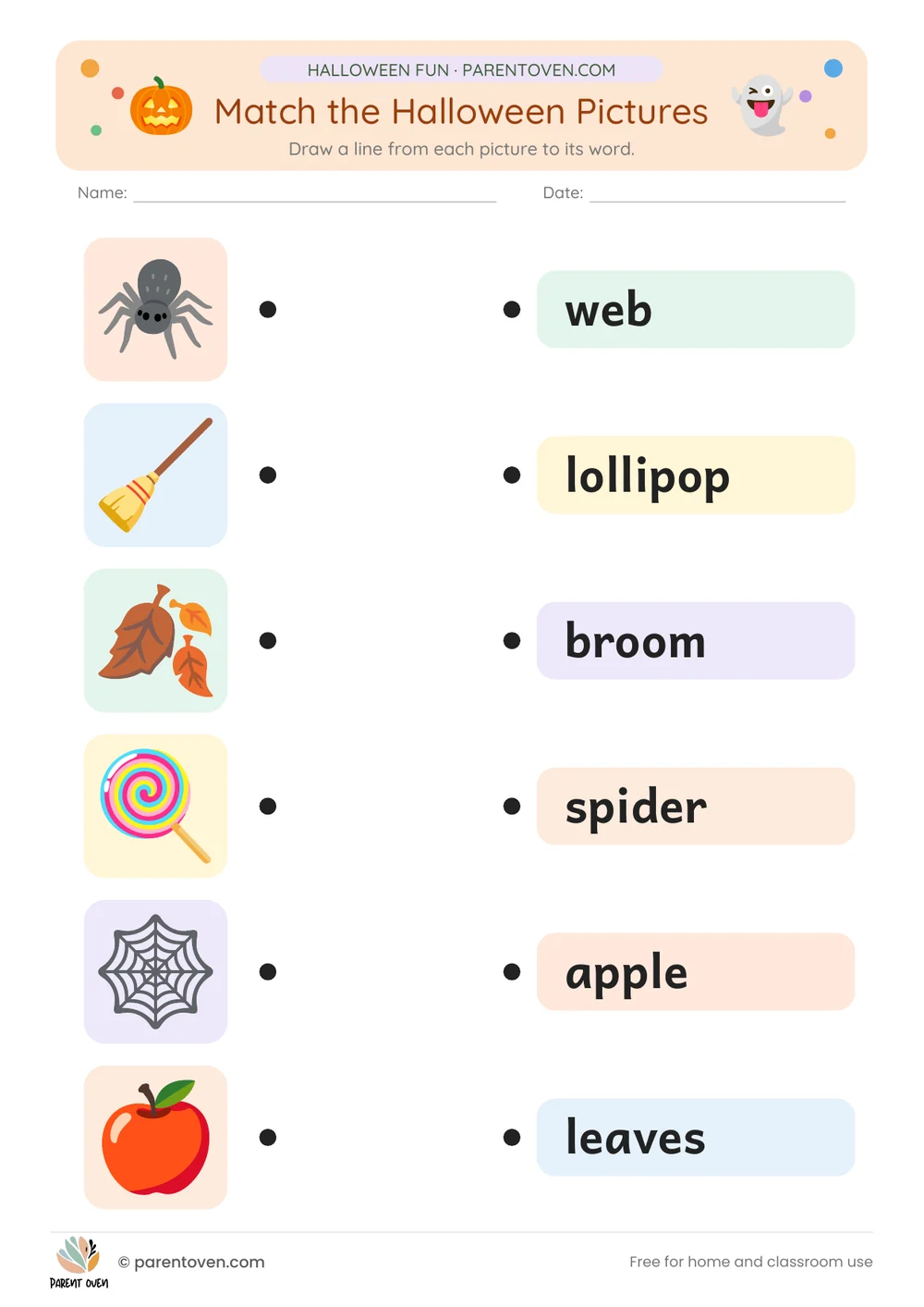 Halloween picture matching: Draw a line from each picture (spider, broom, leaves, lollipop, web, apple) to its word