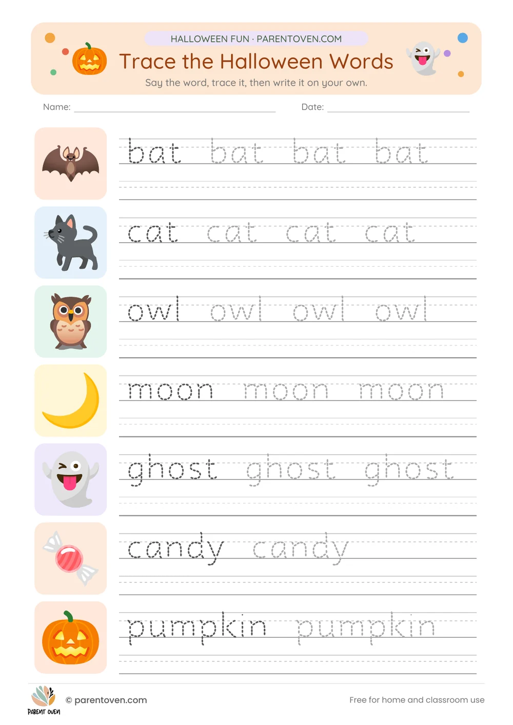 Halloween tracing worksheet: Trace bat, cat, owl, moon, ghost, candy and pumpkin with single-line dotted letters, then write each word on your own