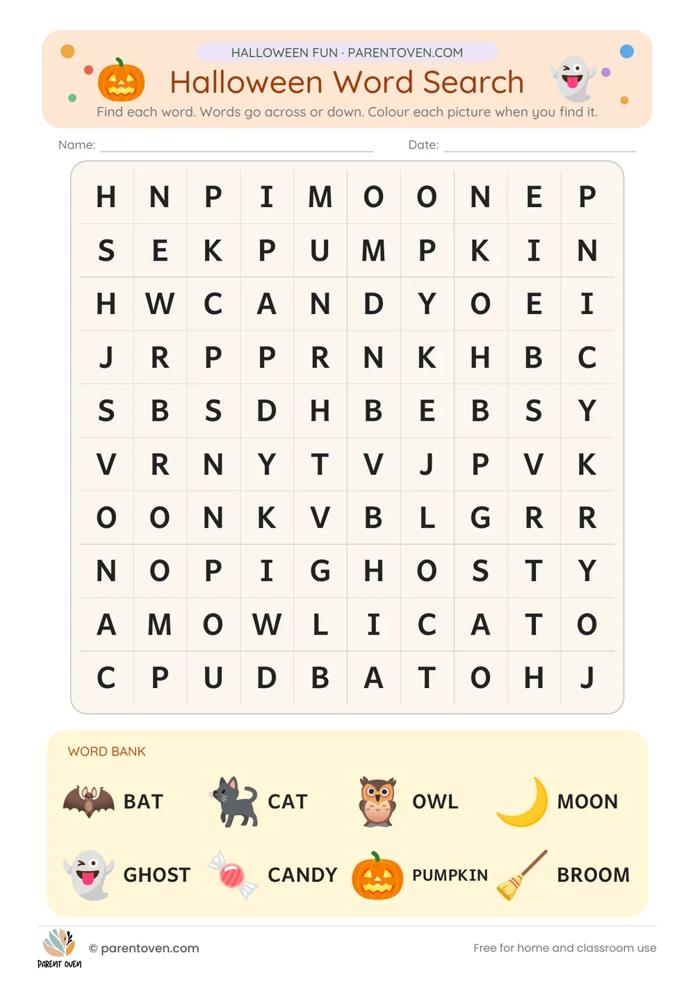 Halloween word search: Eight Halloween words hidden across and down only, with a picture word bank so early readers can join in