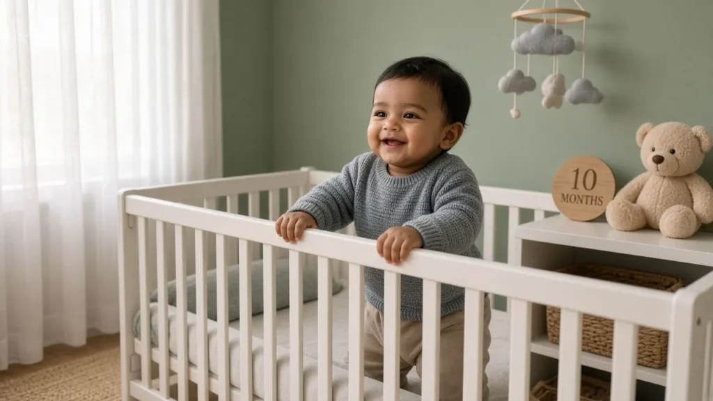 Smiling 10 month old baby boy standing in his crib holding the rail beside a 10 months wooden plaque