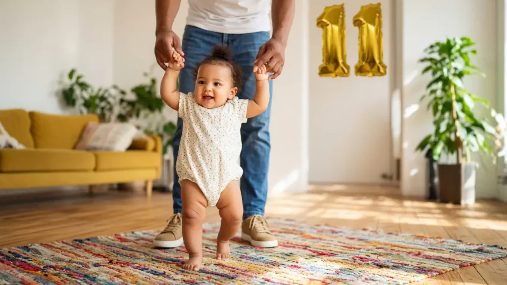 11 month old baby girl taking first steps holding her father's hands under gold number 11 balloons