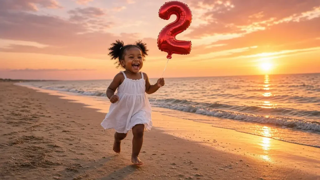 Two year old girl running on the beach at sunset holding a red number 2 balloon on her 2nd birthday