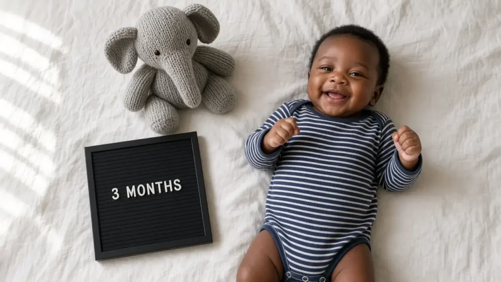 Smiling 3 month old baby boy in a striped onesie lying on a white bed sheet next to a 3 months letter board and a knitted elephant