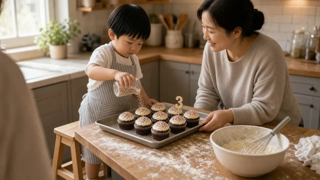 Three year old boy in an apron sprinkling cupcakes with his mother, one cupcake with a number 3 topper