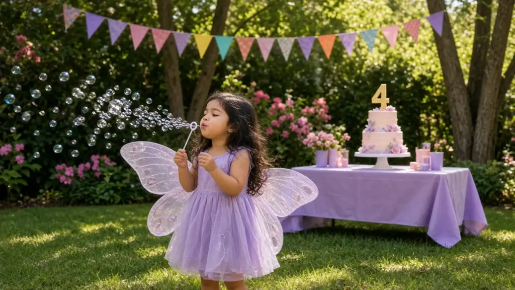 Four year old girl in butterfly wings blowing bubbles at a garden party beside a 4th birthday cake