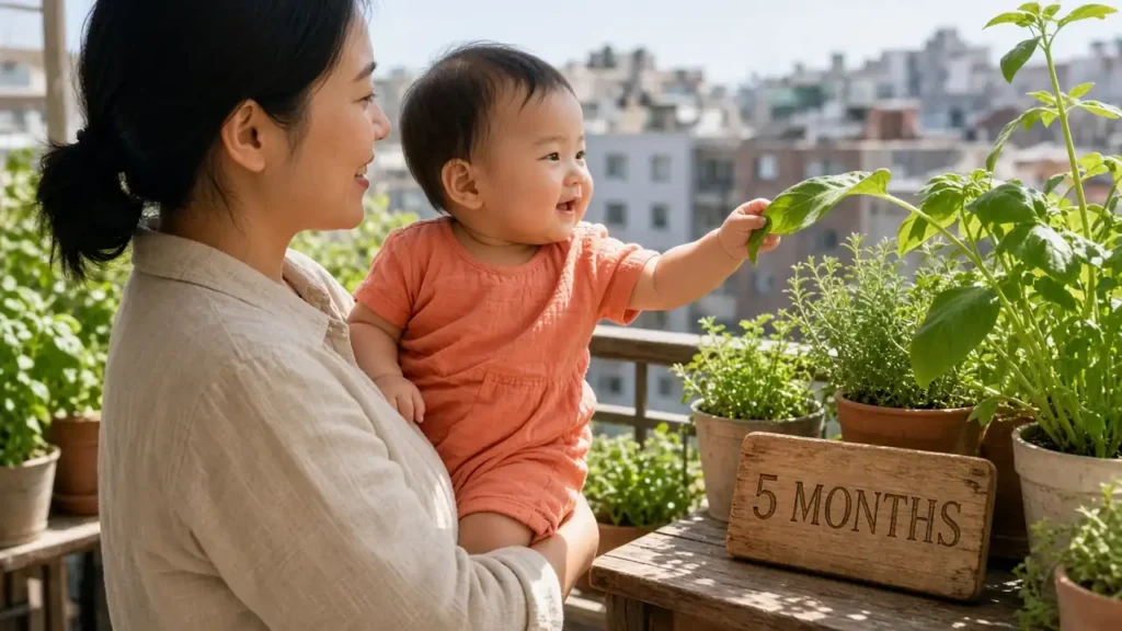 Happy 5 month old baby girl held by her mother on a sunny balcony garden reaching for a leaf beside a 5 months wooden sign