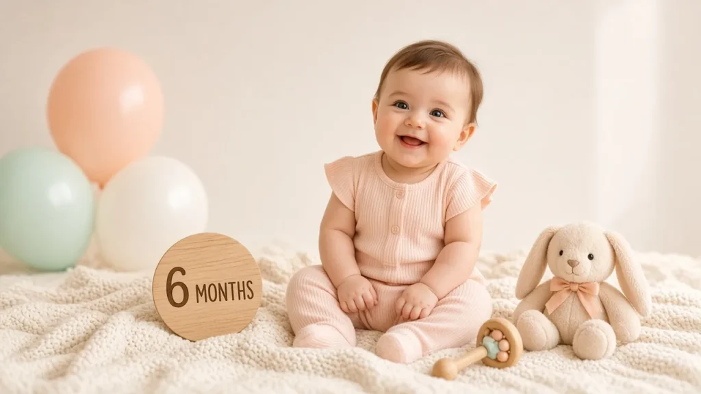Smiling 6 month old baby sitting on a cream knit blanket with a 6 months milestone card, plush bunny and pastel balloons