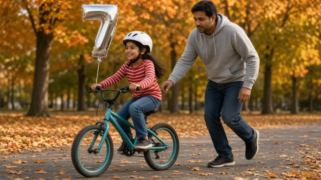 Seven year old girl riding a new bicycle in an autumn park with a number 7 balloon as her father runs alongside
