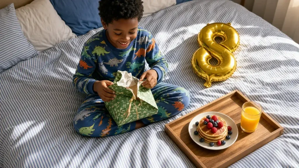 Eight year old boy opening a birthday gift on his bed beside a gold number 8 balloon and pancake breakfast