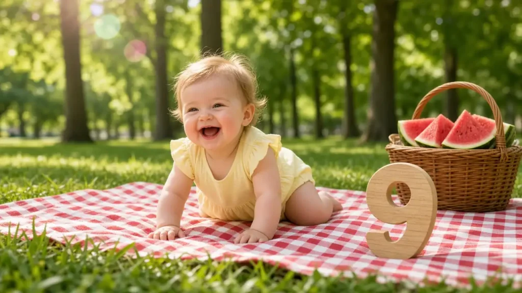 Laughing 9 month old baby girl crawling on a gingham picnic blanket in the park next to a wooden number 9