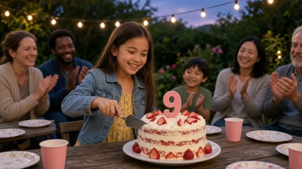Nine year old girl cutting her strawberry 9th birthday cake at a backyard party as her family claps