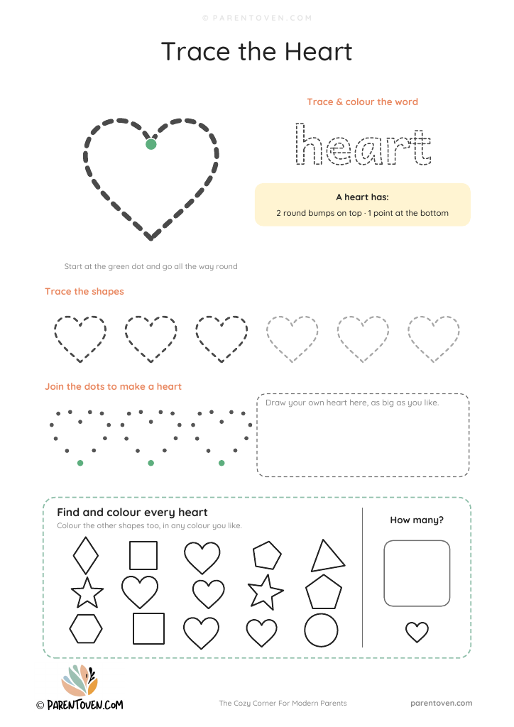 Heart shape worksheet: trace a big heart and the word heart, trace a row of shapes, join the dots, draw your own and find every heart