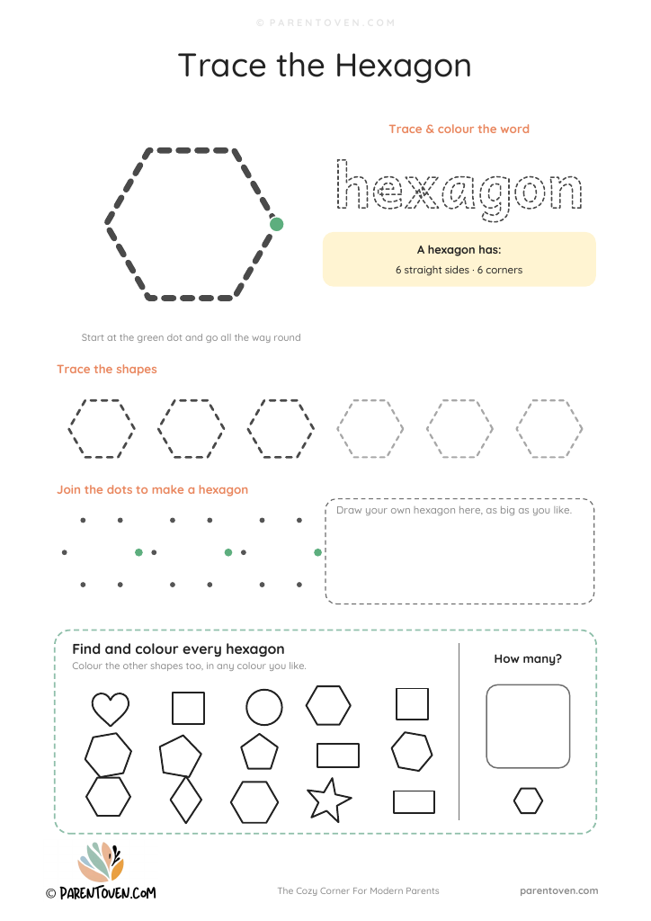Hexagon shape worksheet: trace a big hexagon and the word hexagon, trace a row of shapes, join the dots, draw your own and find every hexagon