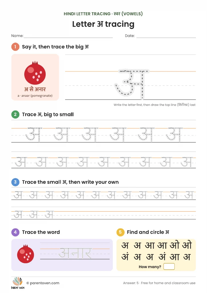 Hindi letter अ tracing worksheet: अ से अनार, a big dotted अ with a top-line guide, rows from big to small, the word अनार to trace and a find-and-circle game.