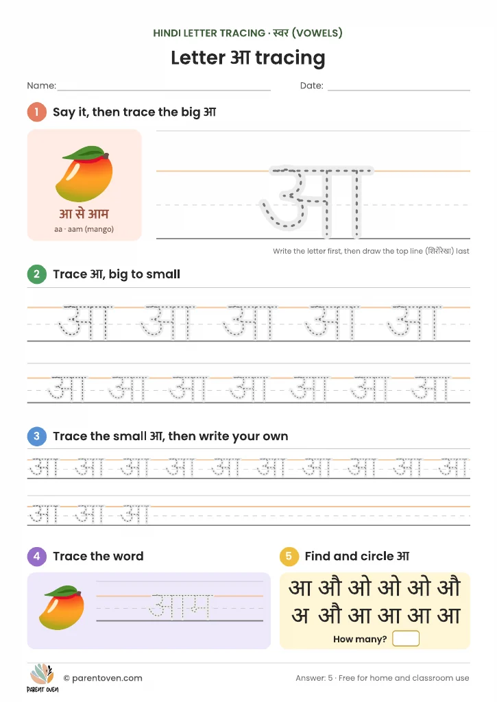 Hindi letter आ tracing worksheet: आ से आम, a big dotted आ with a top-line guide, rows from big to small, the word आम to trace and a find-and-circle game.
