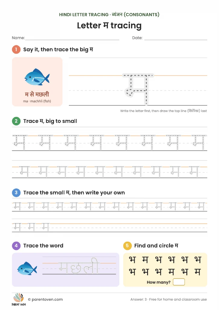 Hindi letter म tracing worksheet: म से मछली, a big dotted म with a top-line guide, rows from big to small, the word मछली to trace and a find-and-circle game.