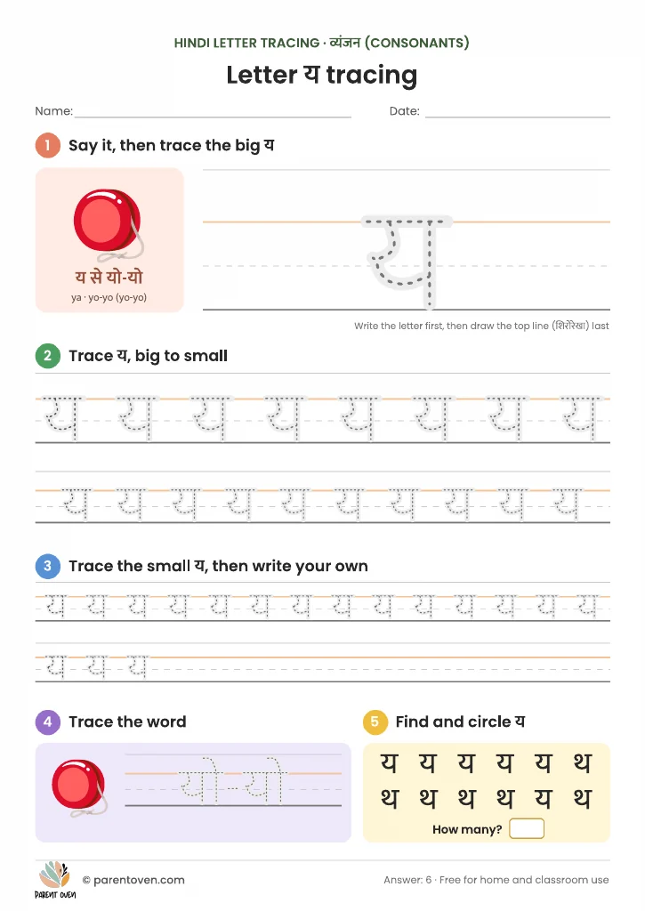 Hindi letter य tracing worksheet: य से यो-यो, a big dotted य with a top-line guide, rows from big to small, the word यो-यो to trace and a find-and-circle game.