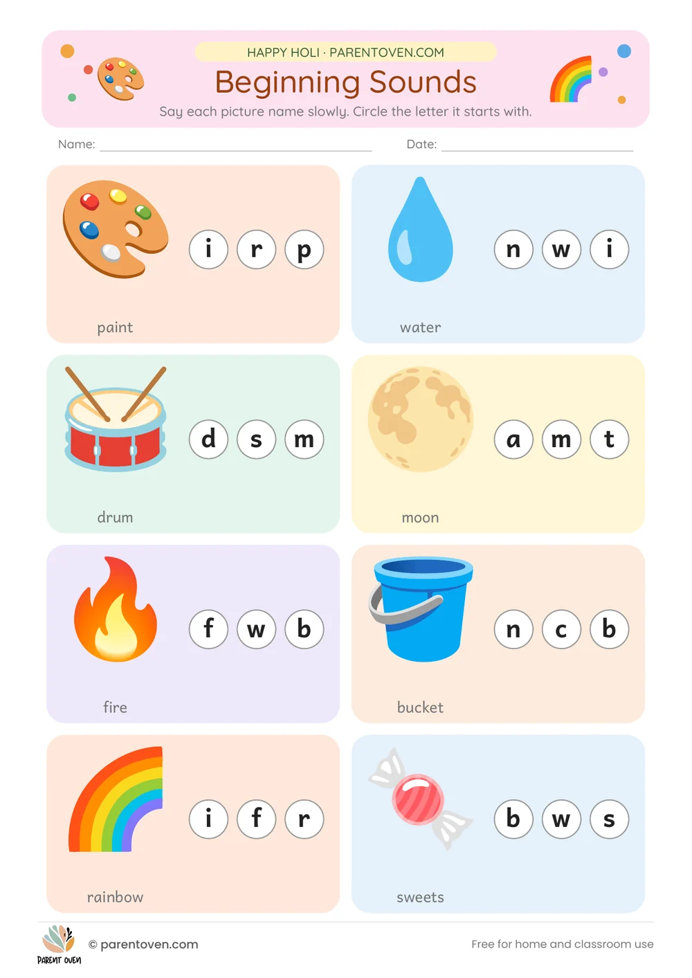 Printable Holi worksheet: Holi beginning sounds
