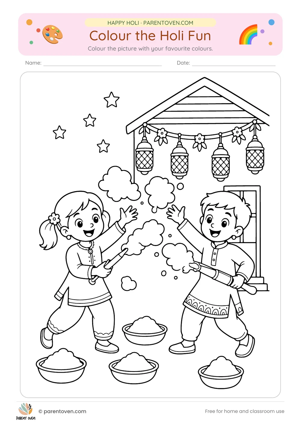 Printable Holi worksheet: Holi coloring pages