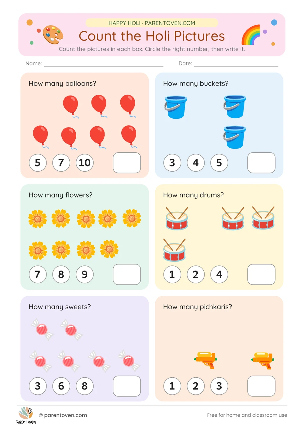 Printable Holi worksheet: Count the Holi pictures