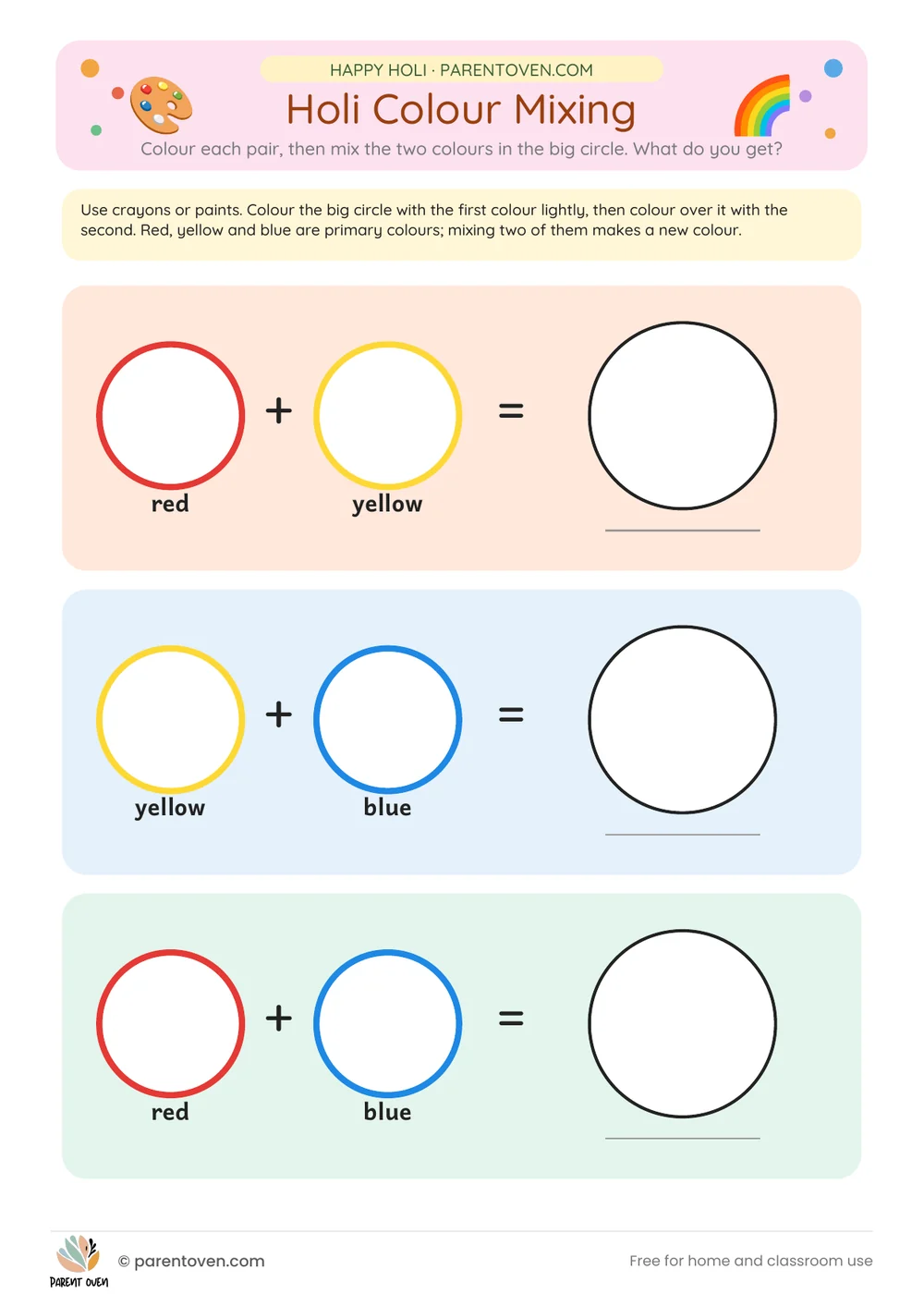 Printable Holi worksheet: Holi colour mixing