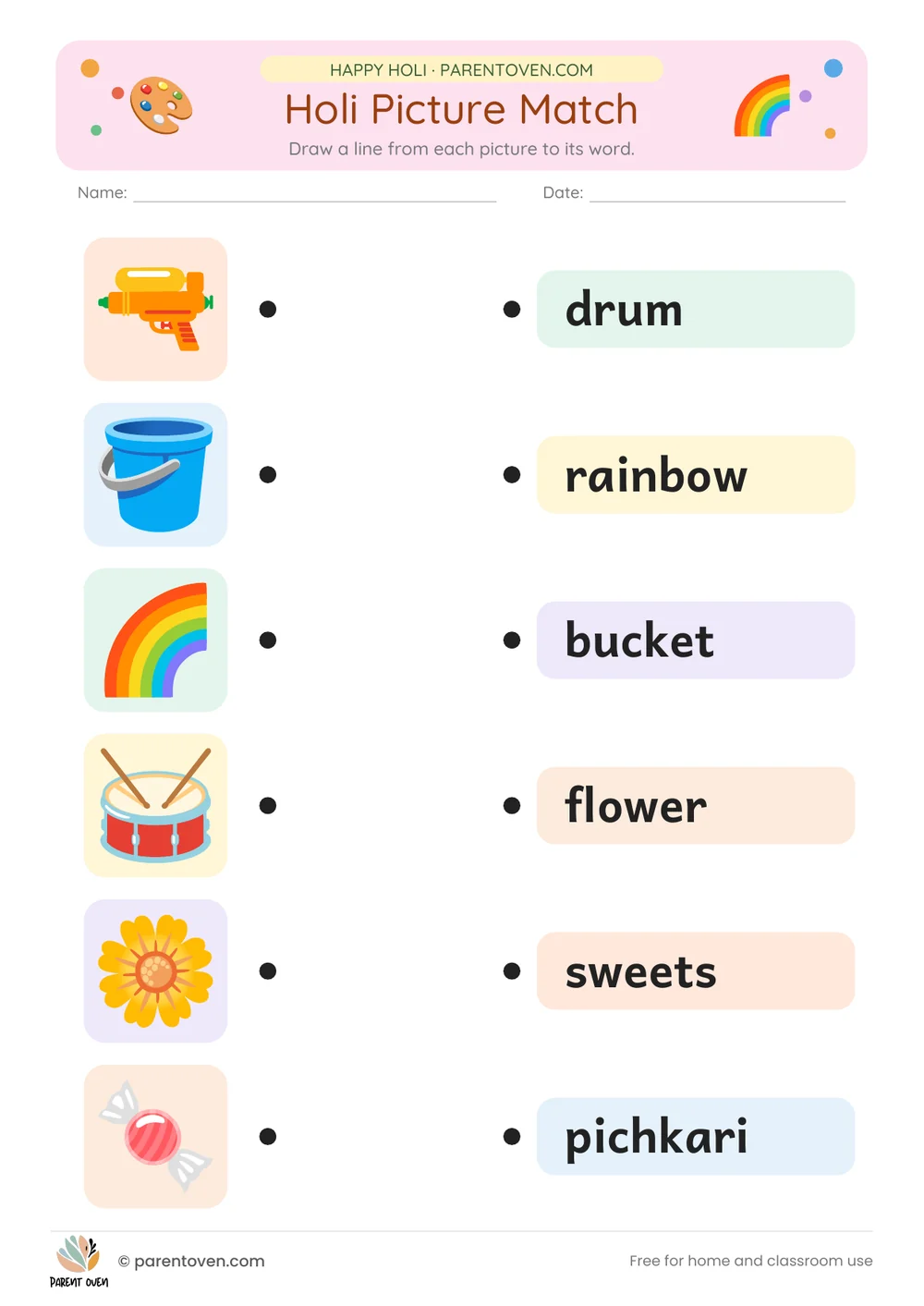 Printable Holi worksheet: Holi picture match