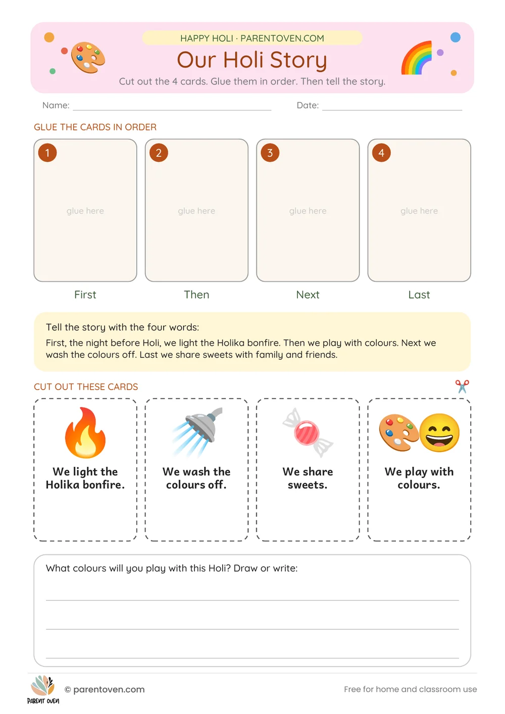 Printable Holi worksheet: Our Holi story (cut and glue)
