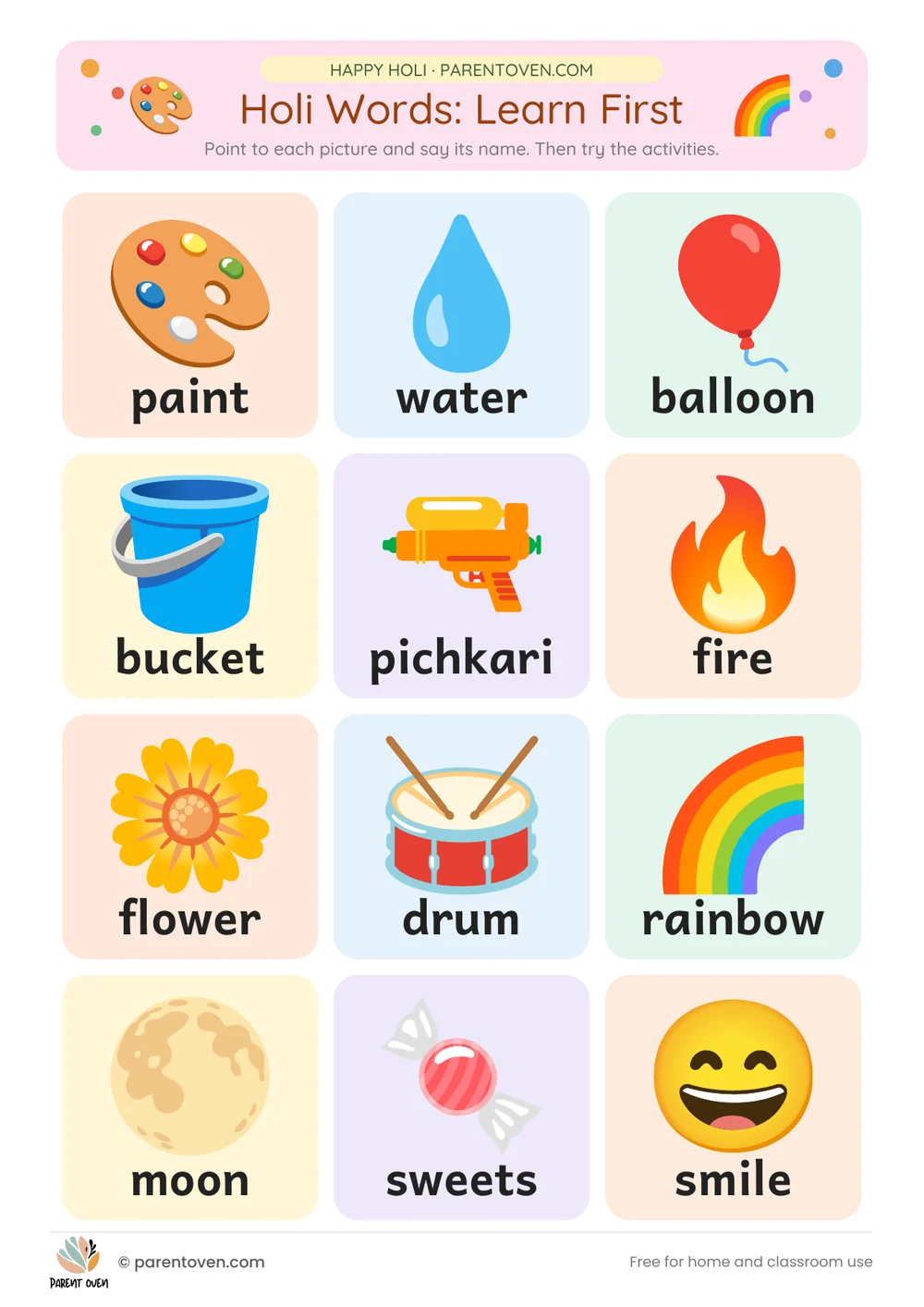 Printable Holi worksheet: Holi words and tracing
