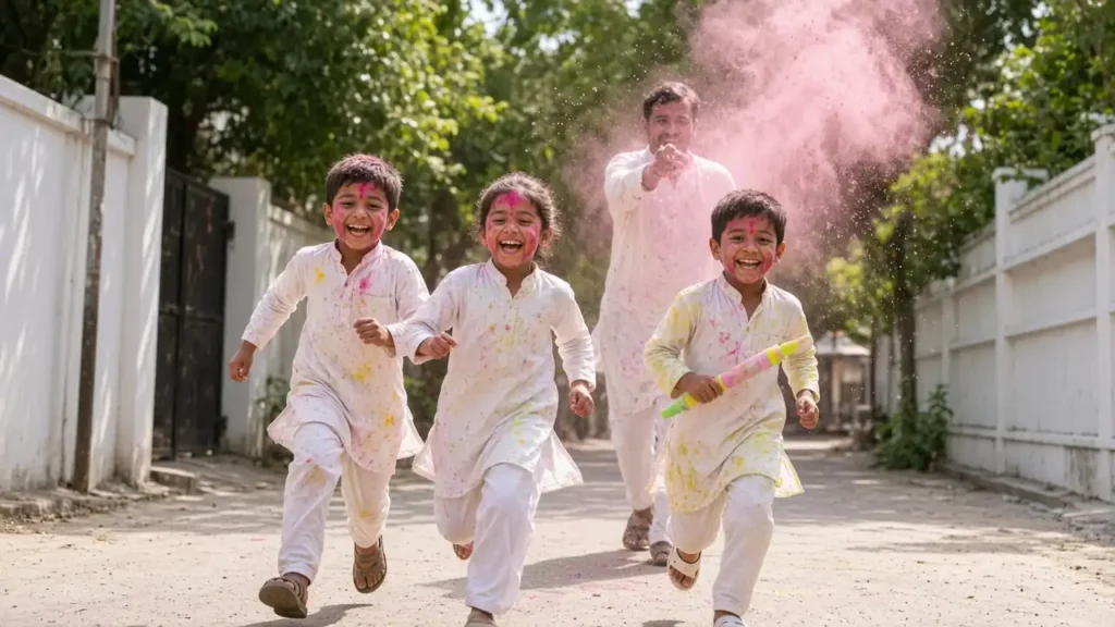 Laughing Indian children in white kurtas covered in pink and yellow gulal running down a lane on Holi, one holding a pichkari