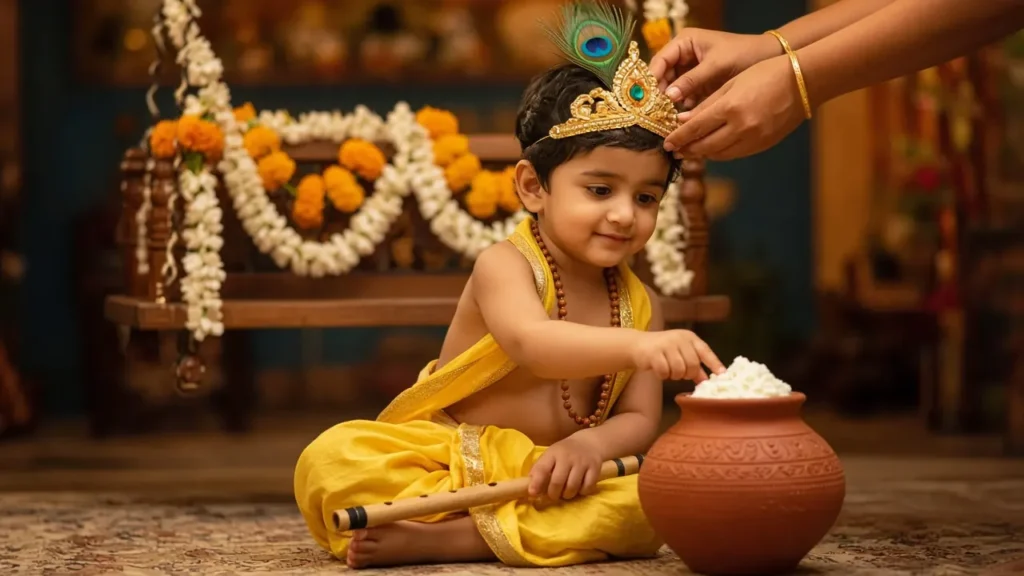 Indian toddler dressed as little Krishna with a peacock feather crown and flute dipping his finger into a pot of butter on Janmashtami