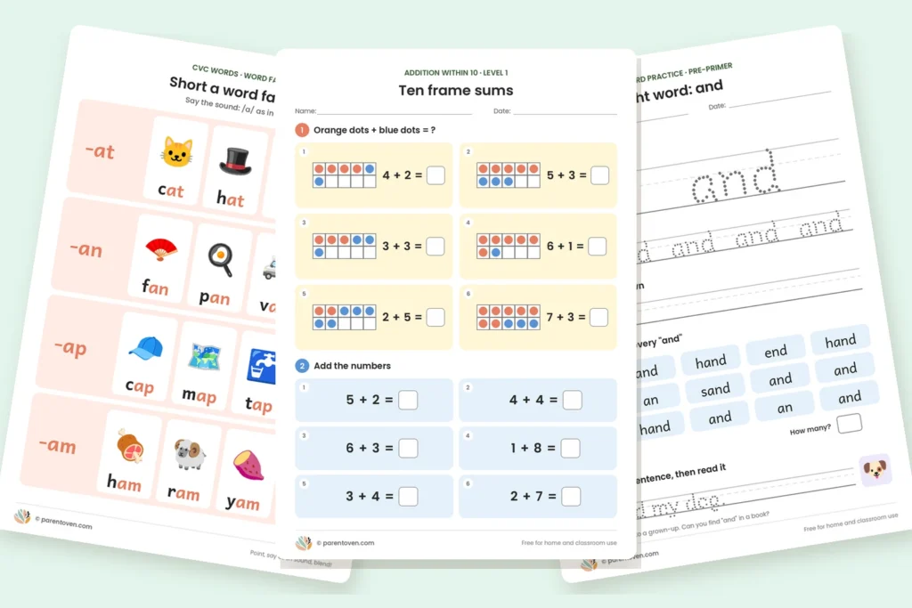 Free kindergarten worksheets: CVC words, ten frame addition and a sight word worksheet